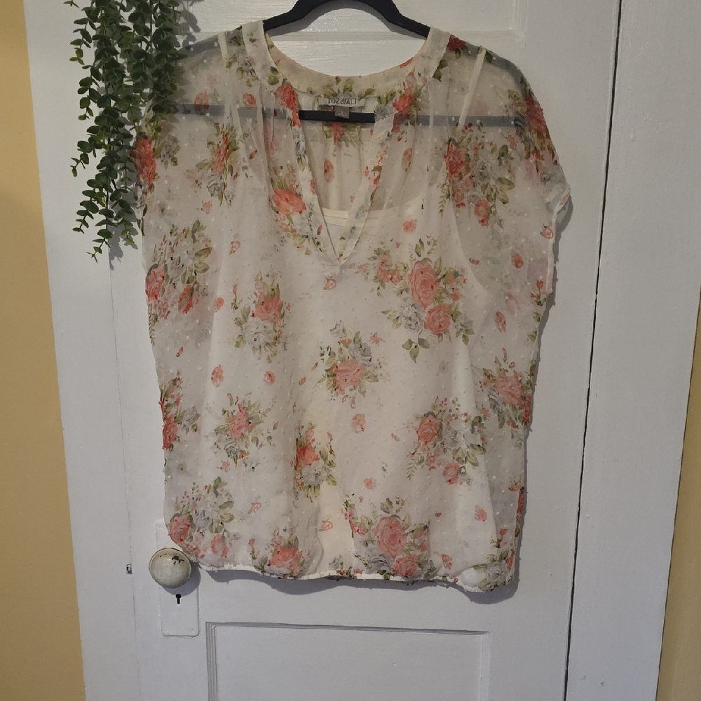 New York & Company Floral Sheer Blouse - Cream and Pink